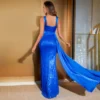 Elegant Sequin V-Neck Spaghetti Strap High Waist High Slit Mermaid Long Prom Dress