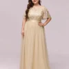 Women Plus Size Elegant Sequin Embroidery Short Sleeve Tulle Evening Gown Dress