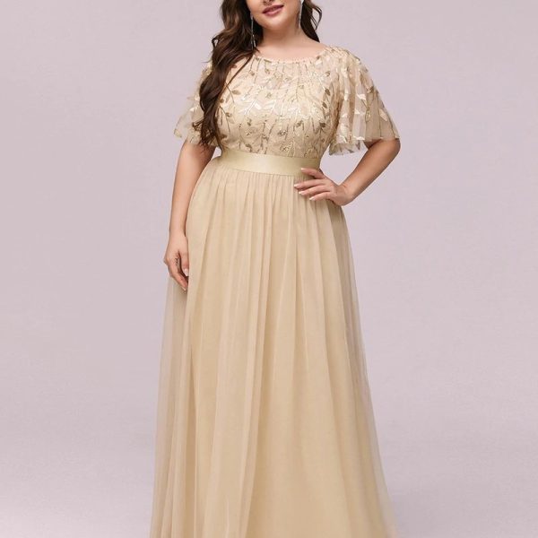 Women Plus Size Elegant Sequin Embroidery Short Sleeve Tulle Evening Gown Dress