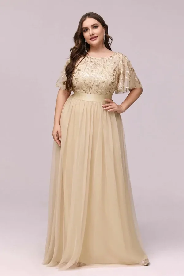 Women Plus Size Elegant Sequin Embroidery Short Sleeve Tulle Evening Gown Dress