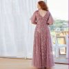 Plus Size Embroidered Sequin Evening Dress Deep V Flounce Sleeve Mermaid Train