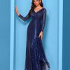 Sequin Long Sleeve V-Neck Elegant Maxi Evening Gown Women Dress