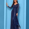 Sequin Long Sleeve V-Neck Elegant Maxi Evening Gown Women Dress