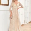 Sequin Evening Dress Women Long Sleeve V-Neck Elegant Maxi Gown