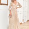 Womens Sequin V-Neck Long Sleeve Slim Maxi Evening Dress