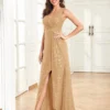 Womens Elegant Sequin Evening Cocktail Dress Deep-V Asymmetric Slit Slim