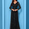 Sequin Long Sleeve V-Neck Elegant Maxi Evening Gown Women Dress