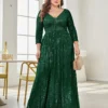 Women Plus Size Sequin Long Sleeve V-Neck Elegant Evening Party Dress