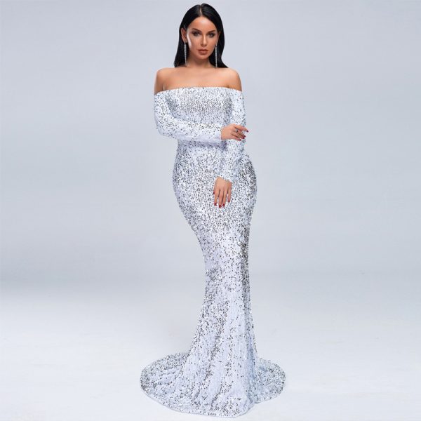 Sexy Off-Shoulder Long Sleeve Sequin Mermaid Party Maxi Dress Plus Size