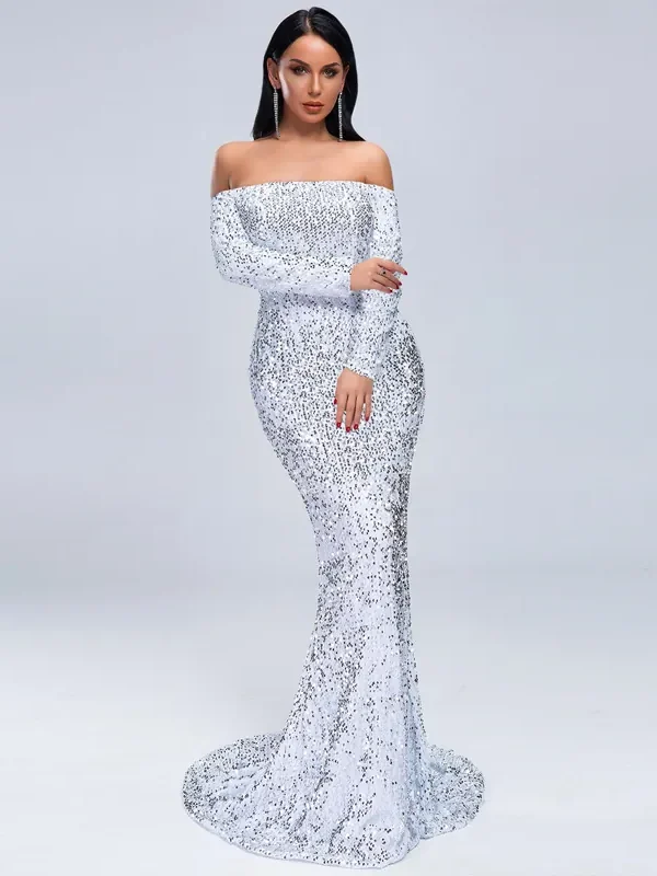 Sexy Off-Shoulder Long Sleeve Sequin Mermaid Party Maxi Dress Plus Size