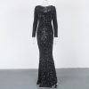 Sequin Velvet Long Sleeve V-Neck Mermaid Evening Gown Formal Party Dress