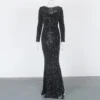 Sequin Velvet Long Sleeve V-Neck Mermaid Evening Gown Formal Party Dress