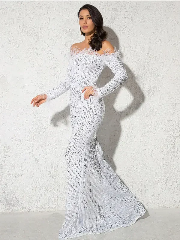 Feather Off-Shoulder Sequin Velvet Stretch Mermaid Evening Party Dress