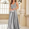 Deep-V Sleeveless Sequin Elegant Evening Gown Bridesmaid Plus Size