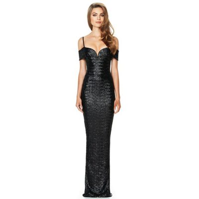 Womens Sequin Evening Dress Deep-V Spaghetti Strap Sleeveless Maxi Dress