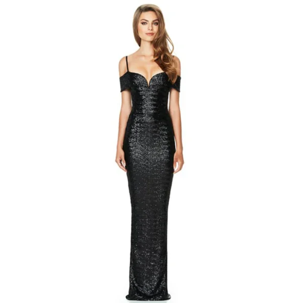 Womens Sequin Evening Dress Deep-V Spaghetti Strap Sleeveless Maxi Dress