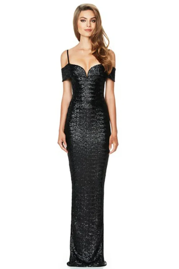 Womens Sequin Evening Dress Deep-V Spaghetti Strap Sleeveless Maxi Dress