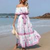Off Shoulder Floral Digital Print Maxi Flared Plus Size Dress