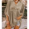 Womens Velvet Solid Loose Midi 3/4 Sleeve Lapel Single-Breasted Shirt