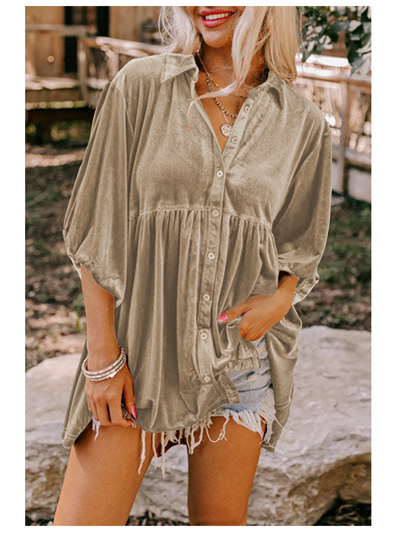 Womens Velvet Solid Loose Midi 3/4 Sleeve Lapel Single-Breasted Shirt