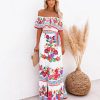 Off Shoulder Floral Digital Print Maxi Flared Plus Size Dress