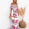 Off Shoulder Floral Digital Print Maxi Flared Plus Size Dress