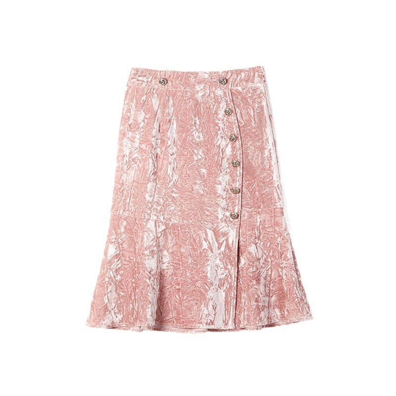 Pink Crushed Velvet High-Waisted Midi Bodycon Skirt Button Office Petite
