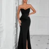 Solid Bandeau Backless High Waisted Swing Long Evening Dress Elegant