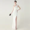 One-Shoulder Satin Pleated Slim-Fit Mermaid Evening Dress High Slit Party Wedding