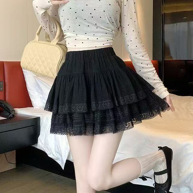 Womens French Tiered Mini Skirt High Waist Lace Ruffle
