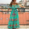 Off Shoulder Floral Digital Print Maxi Flared Plus Size Dress