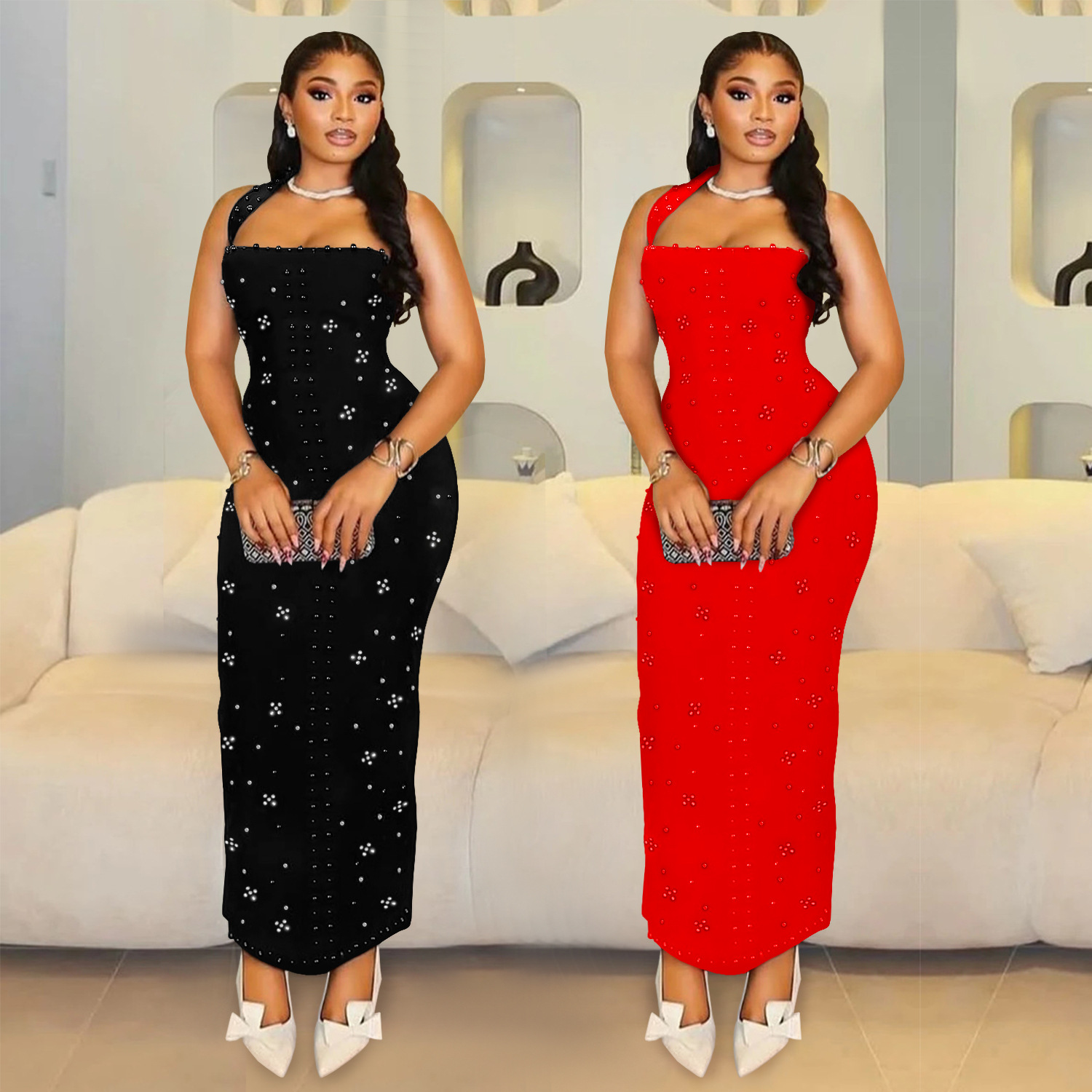 Halter Sleeveless Rhinestone Beaded Bodycon Maxi Dress