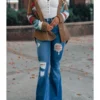 Womens Street Style Western Print Corduroy Loose Mid-Long Shirt Jacket