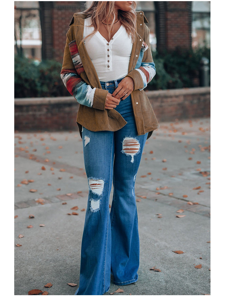 Womens Street Style Western Print Corduroy Loose Mid-Long Shirt Jacket