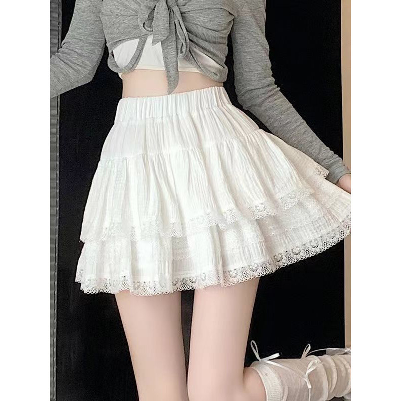 Womens French Tiered Mini Skirt High Waist Lace Ruffle