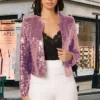 Spring Womens Sequin Block Stand Collar Short Slim Zip Casual Jacket