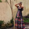 Off Shoulder Floral Digital Print Maxi Flared Plus Size Dress