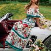 Off Shoulder Floral Digital Print Maxi Flared Plus Size Dress