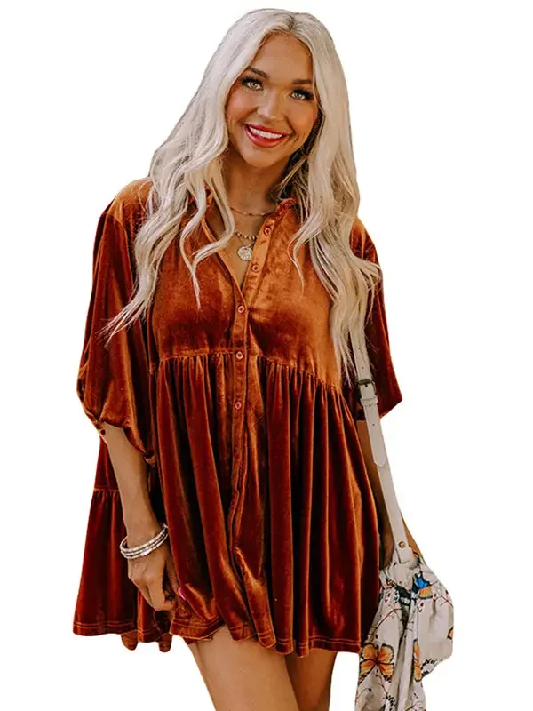Womens Velvet Solid Loose Midi 3/4 Sleeve Lapel Single-Breasted Shirt