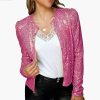 Spring Womens Sequin Block Stand Collar Short Slim Zip Casual Jacket