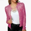 Spring Womens Sequin Block Stand Collar Short Slim Zip Casual Jacket