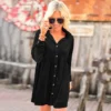 Womens Elegant Velvet Shirt Collar Long Sleeve High Waist Mini Dress