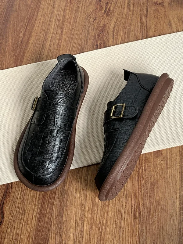 Womens Woven Buckle Loafers Round Toe Soft Rubber Sole Slip-On Casual Shoes