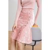 Pink Crushed Velvet High-Waisted Midi Bodycon Skirt Button Office Petite