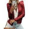 Spring Womens Sequin Block Stand Collar Short Slim Zip Casual Jacket