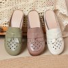 Womens Summer Top-Grain Leather Mules Closed Toe Chunky Heel Hollow Out Breathable