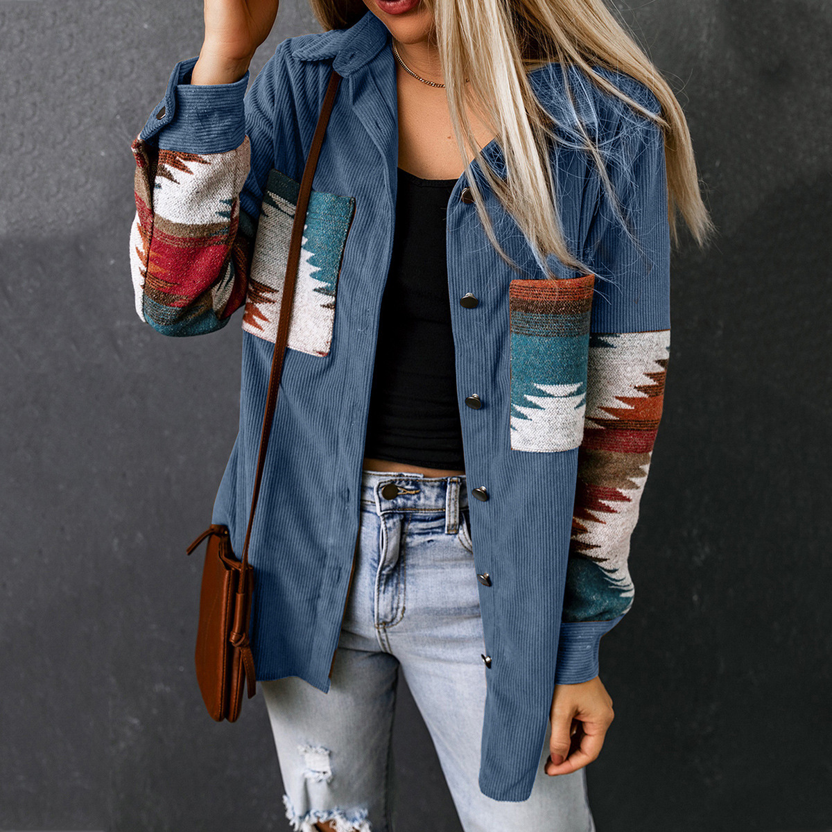 Womens Street Style Western Print Corduroy Loose Mid-Long Shirt Jacket