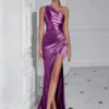 One Shoulder Backless Ruched Slim Fit Slit Midi Evening Party Dress