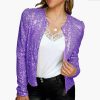 Spring Womens Sequin Block Stand Collar Short Slim Zip Casual Jacket