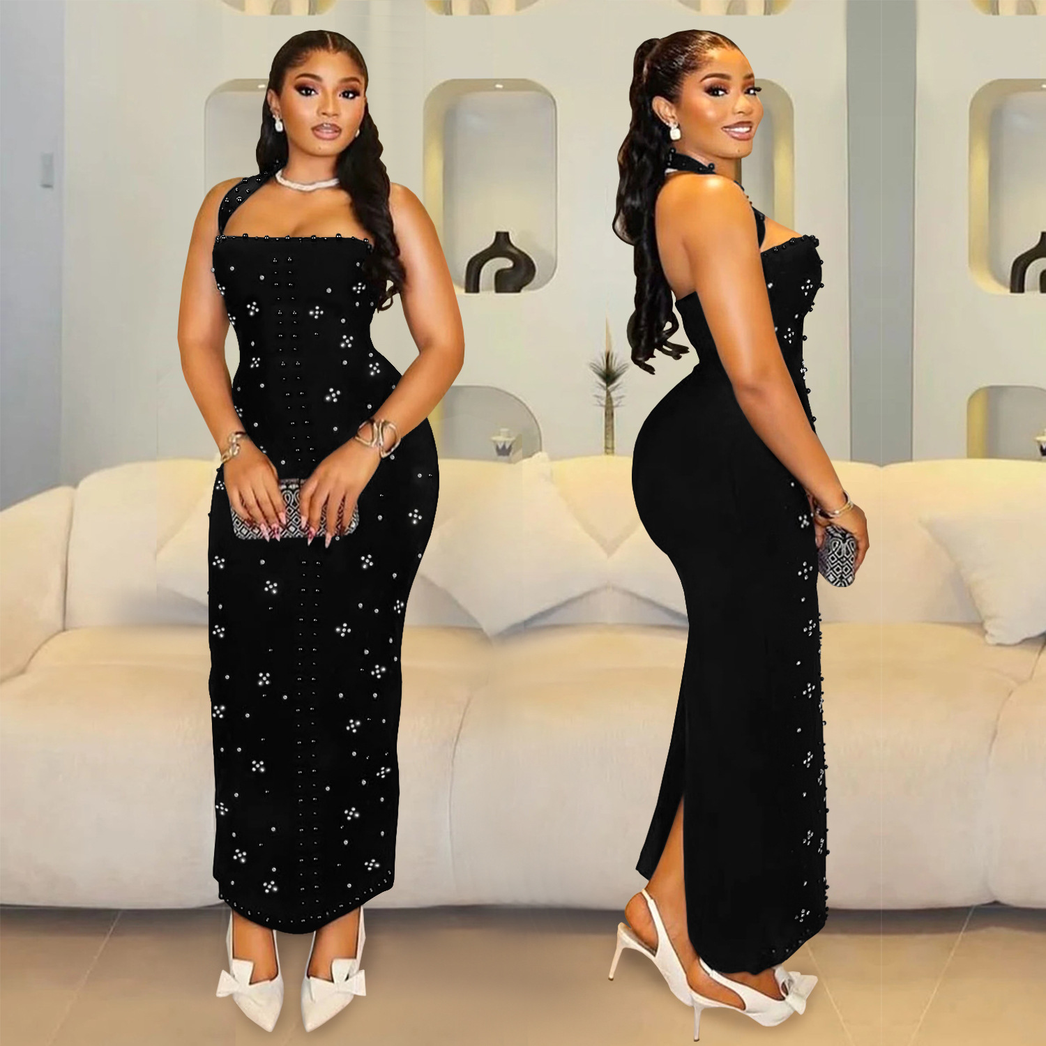 Halter Sleeveless Rhinestone Beaded Bodycon Maxi Dress